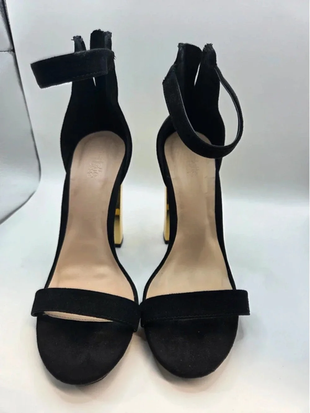 Charlotte Russe Black Faux Suede Gold Block Heel Sandals Women's Size 7